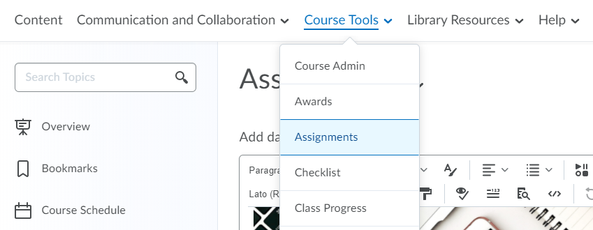 Selecting Assignments from the Course Tools menu in the navbar